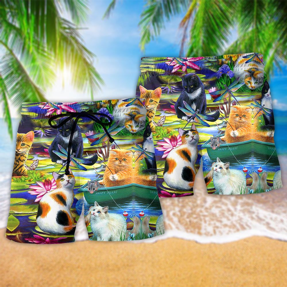 Cat Curious In A Water Lily Lake Trendy Aloha Hawaiian Beach Shorts