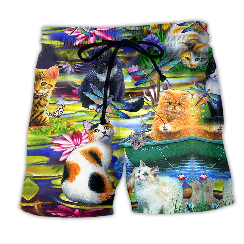 Cat Curious In A Water Lily Lake Trendy Aloha Hawaiian Beach Shorts