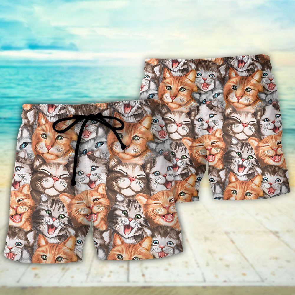 Cat Cute Happy Life With Funny Little Cat Trendy Aloha Hawaiian Beach Shorts