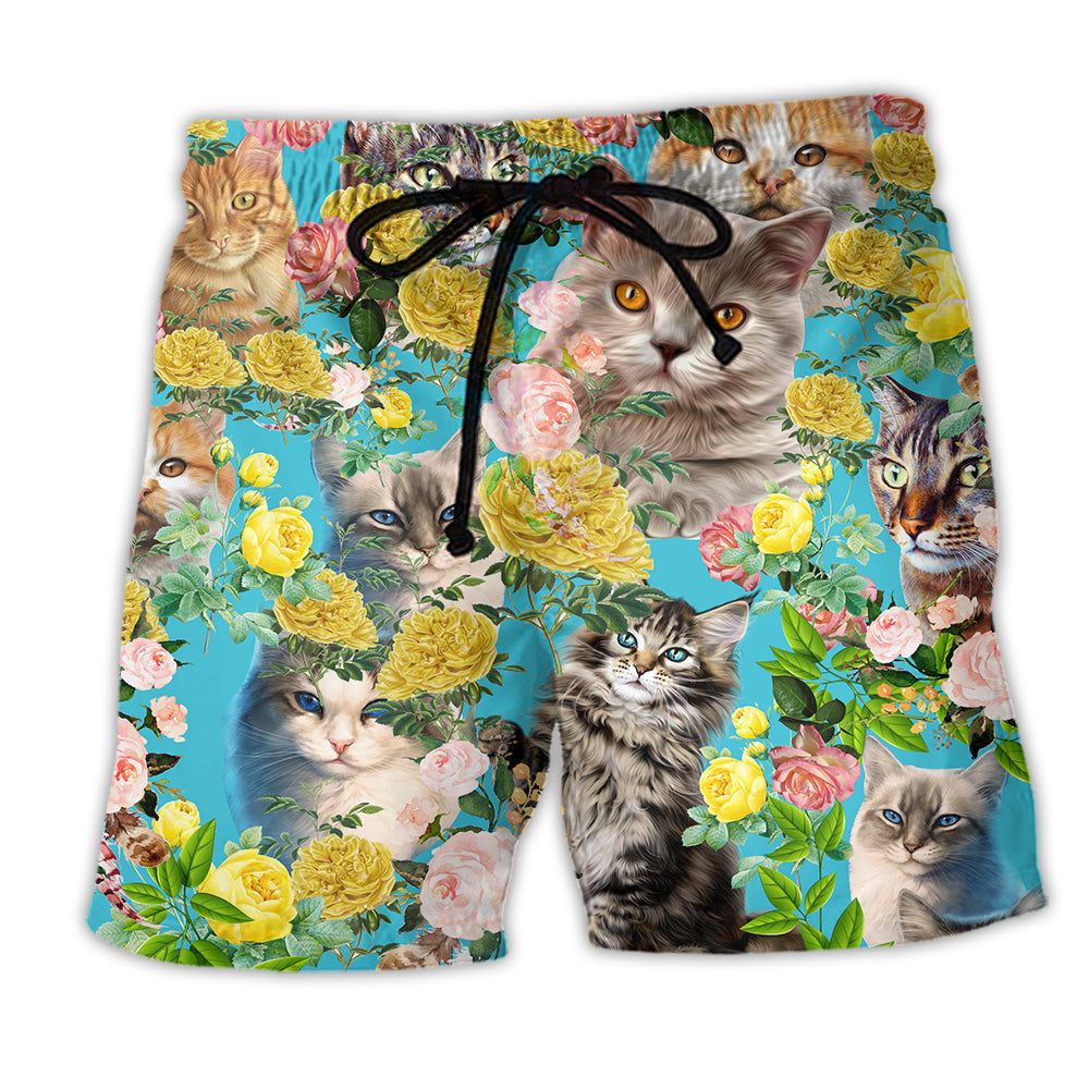 Cat Cute Kitten With Flowers Trendy Aloha Hawaiian Beach Shorts