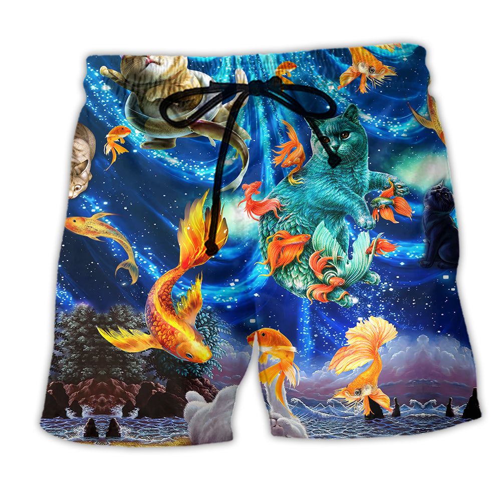 Cat Dream About Playing With Big Goldfish Trendy Aloha Hawaiian Beach Shorts