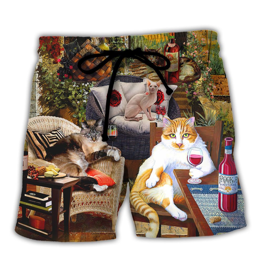 Cat Drink Wine And Judge Trendy Aloha Hawaiian Beach Shorts