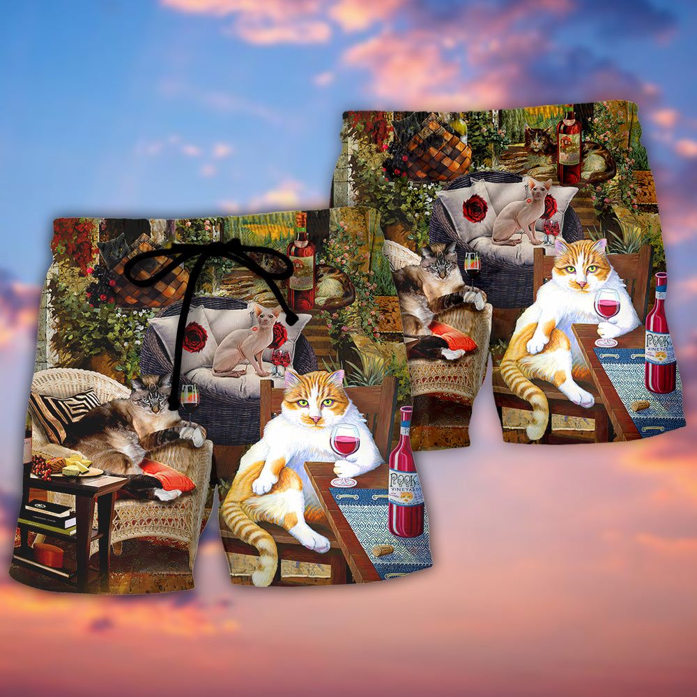 Cat Drink Wine And Judge Trendy Aloha Hawaiian Beach Shorts