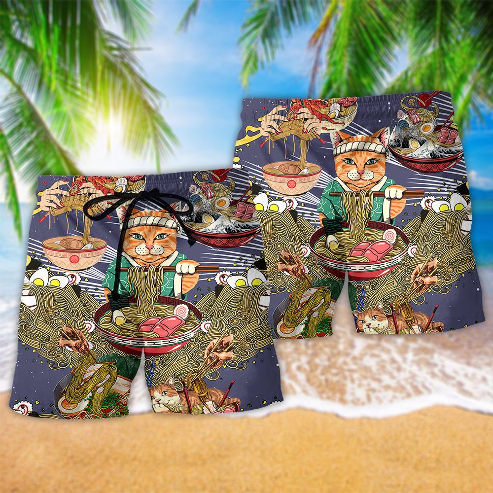 Cat Eating Lovely Style Trendy Aloha Hawaiian Beach Shorts