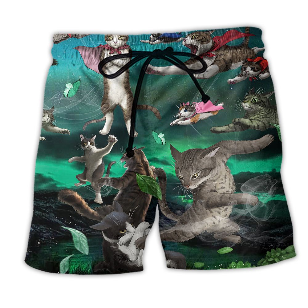 Cat Epic Fight Cool Style Trendy Aloha Hawaiian Beach Shorts