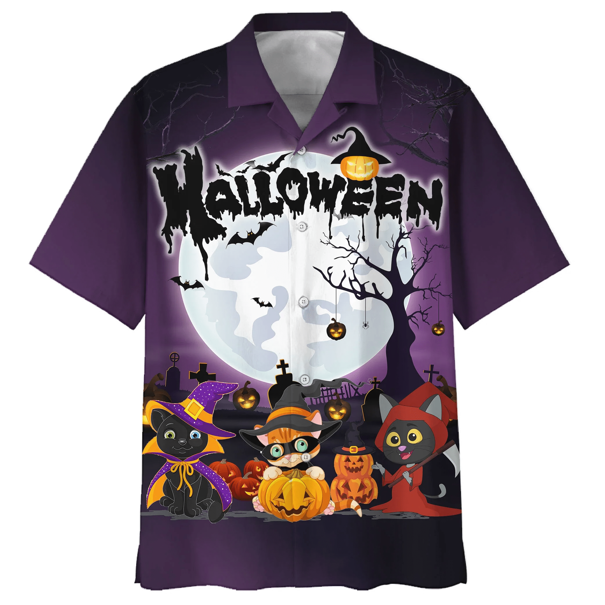 Cat Family Halloween Theme on Hawaiian Aloha Shirt