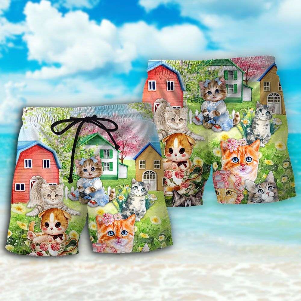 Cat Flowers And House Art Trendy Aloha Hawaiian Beach Shorts