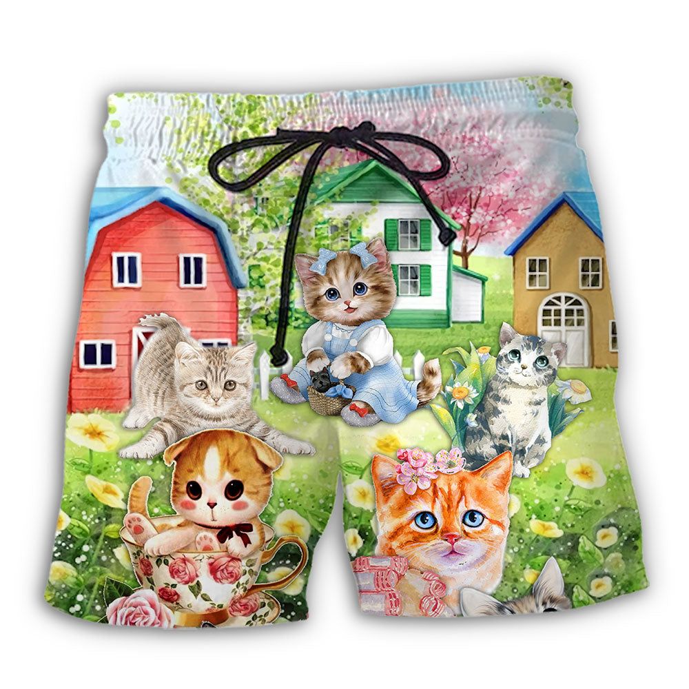 Cat Flowers And House Art Trendy Aloha Hawaiian Beach Shorts