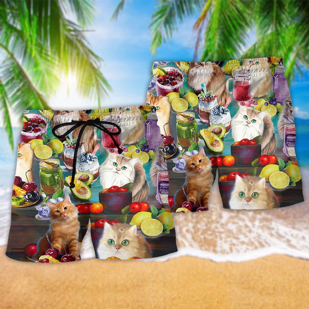 Cat Fresh Your Day With Smoothies Fruit Trendy Aloha Hawaiian Beach Shorts