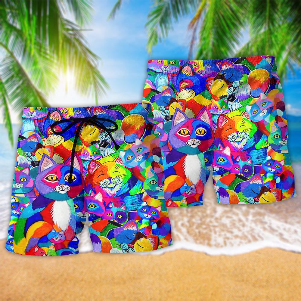 Cat Fullcolor Love Rainbow Trendy Aloha Hawaiian Beach Shorts