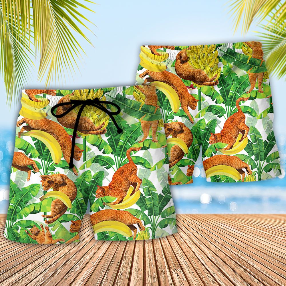 Cat Funny And Jumping Bananas Trendy Aloha Hawaiian Beach Shorts