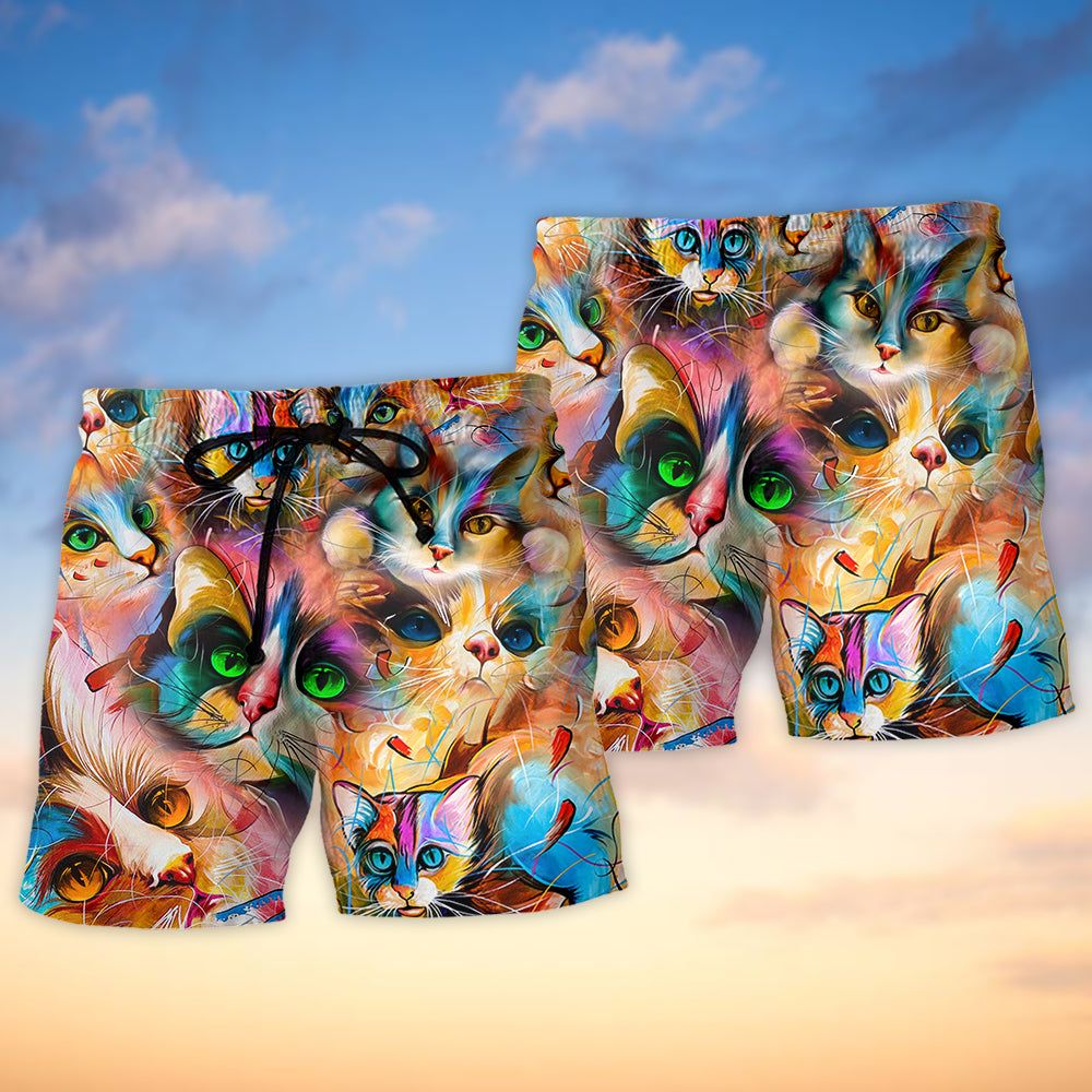 Cat Funny Art Lover Cat Colorful Mixer Style Trendy Aloha Hawaiian Beach Shorts