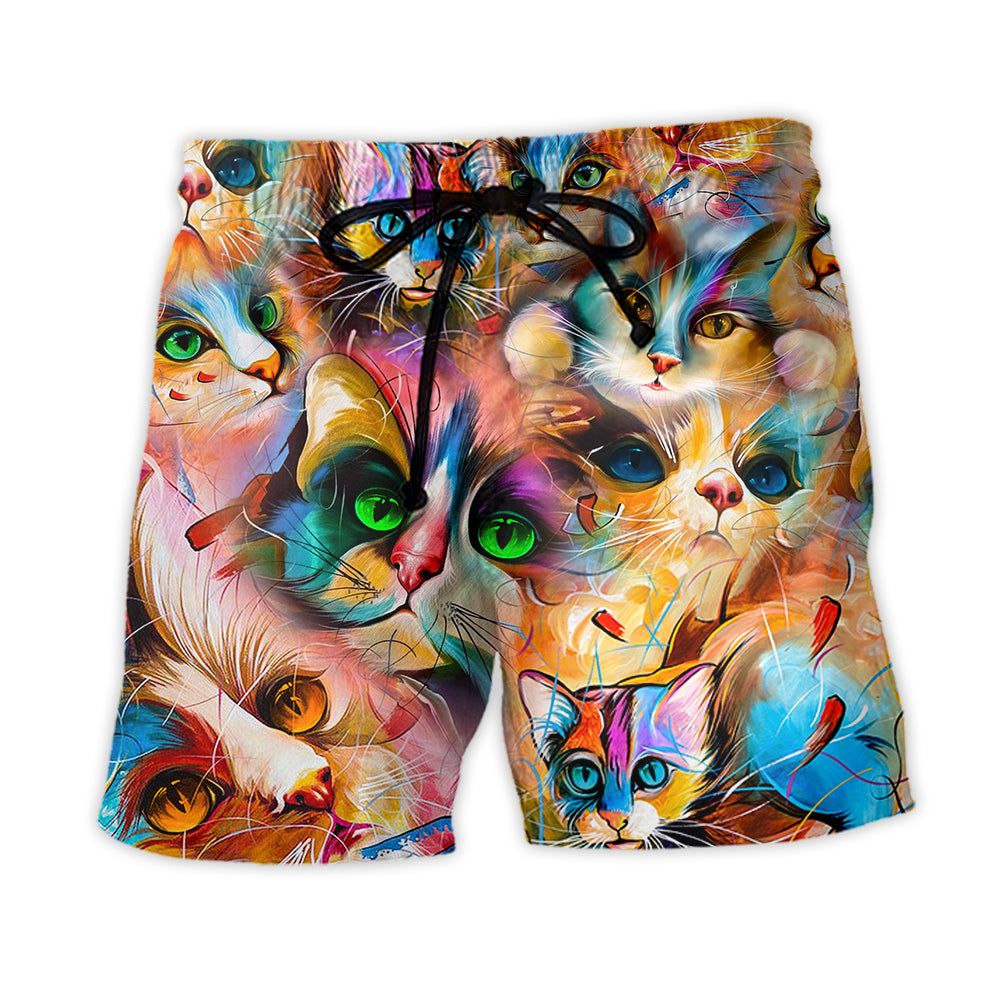 Cat Funny Art Lover Cat Colorful Mixer Style Trendy Aloha Hawaiian Beach Shorts