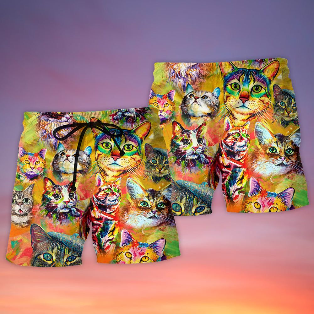 Cat Funny Lover Cat Colorful Painting Art Style Trendy Aloha Hawaiian Beach Shorts