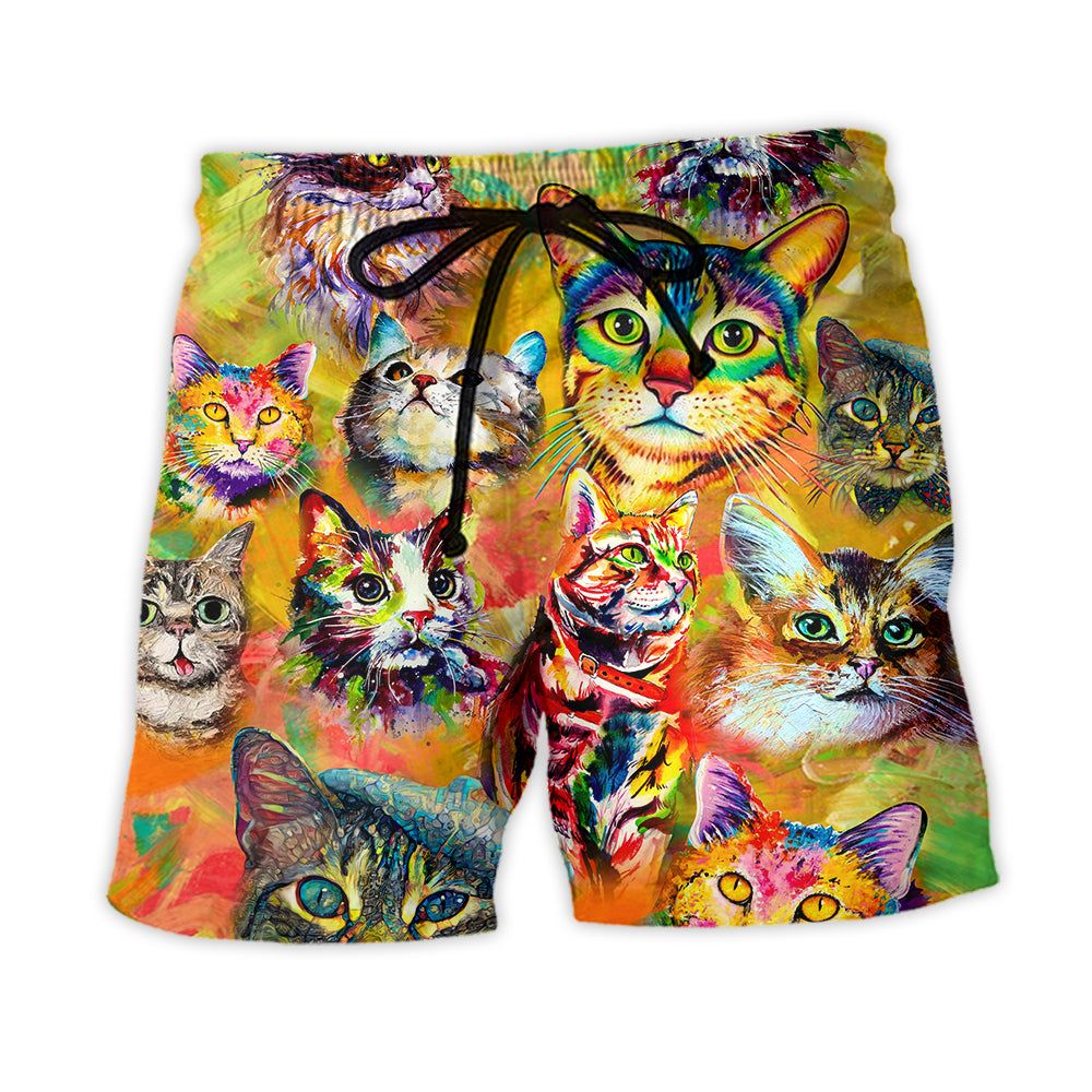Cat Funny Lover Cat Colorful Painting Art Style Trendy Aloha Hawaiian Beach Shorts