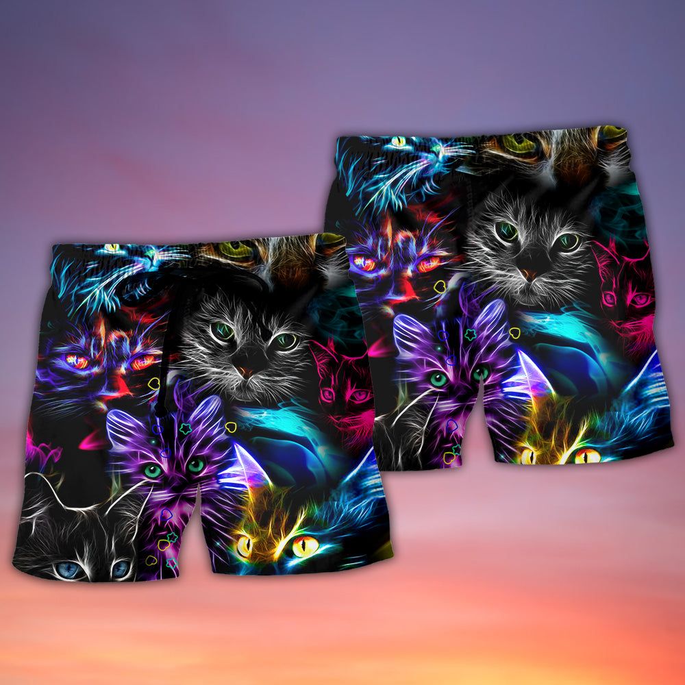 Cat Funny Neon Light Colorful Style Trendy Aloha Hawaiian Beach Shorts