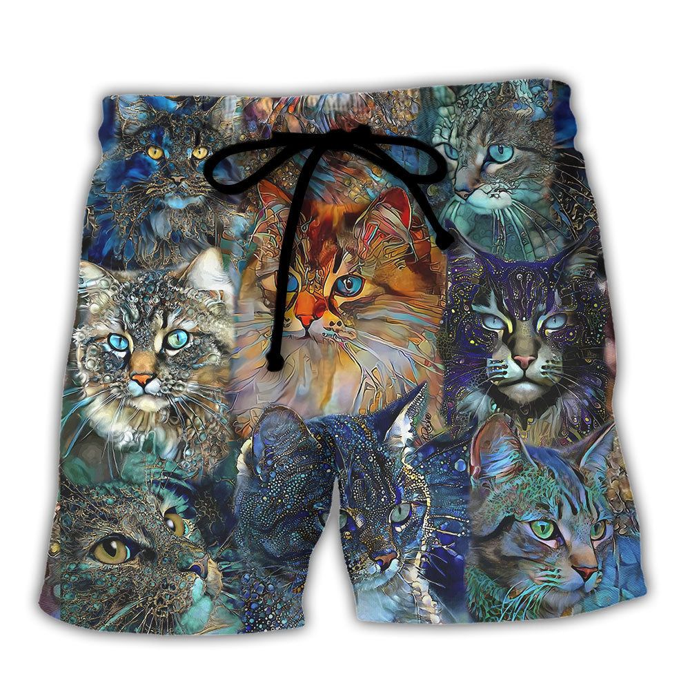 Cat Glass Art Colorful Cat Lover Trendy Aloha Hawaiian Beach Shorts