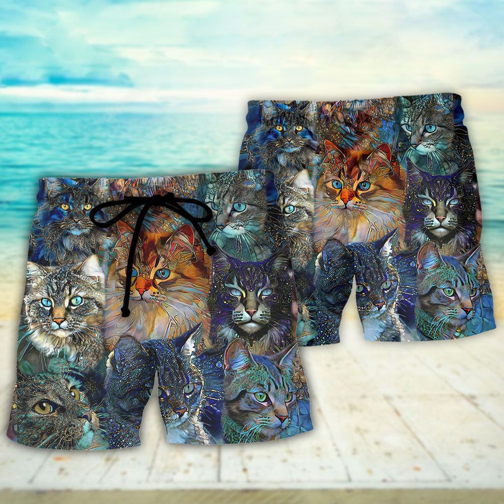 Cat Glass Art Colorful Cat Lover Trendy Aloha Hawaiian Beach Shorts