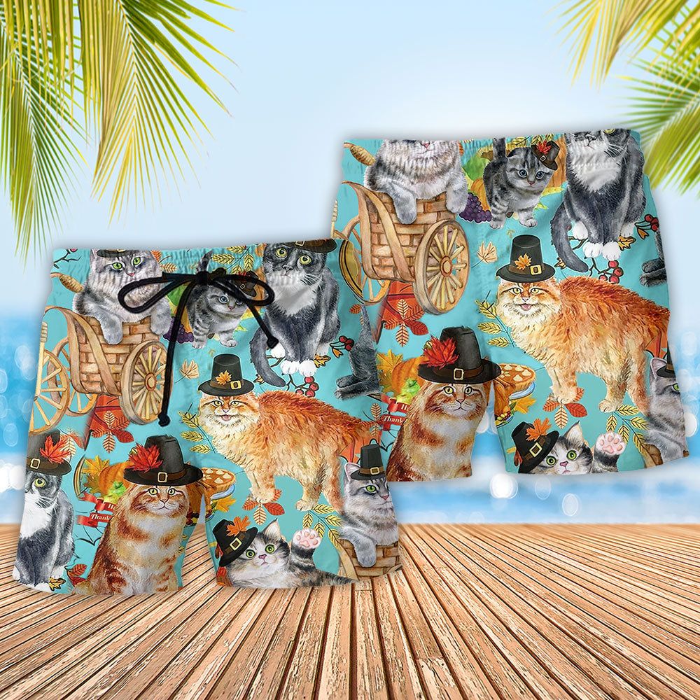 Cat Happy Thanksgiving Autumn Trendy Aloha Hawaiian Beach Shorts