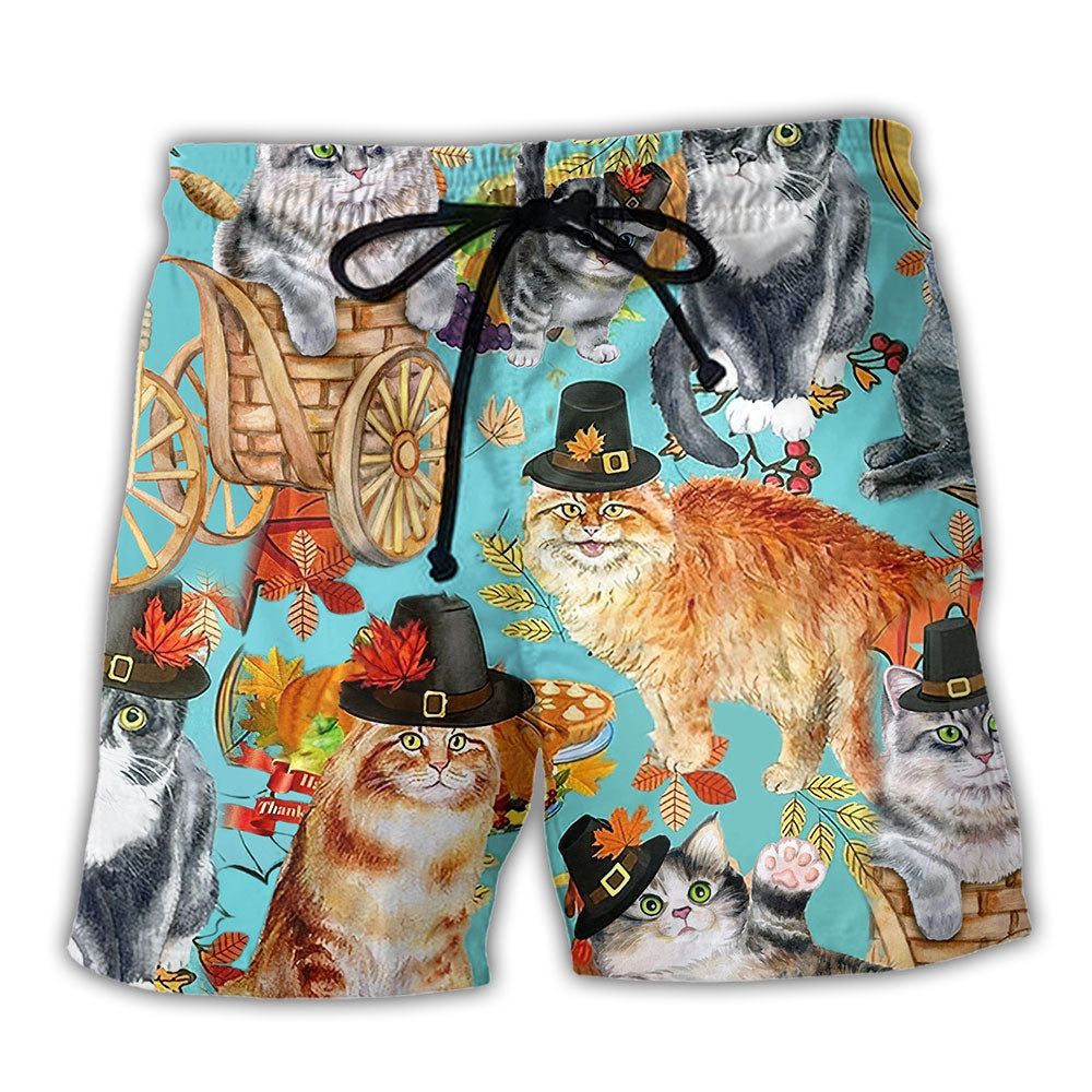 Cat Happy Thanksgiving Autumn Trendy Aloha Hawaiian Beach Shorts