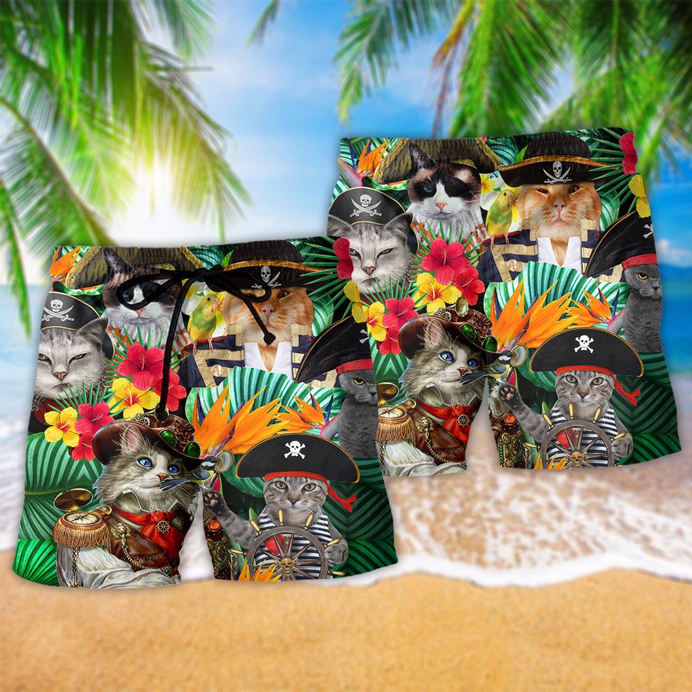 Cat It’s Pirate Life For Me Tropical Floral Trendy Aloha Hawaiian Beach Shorts