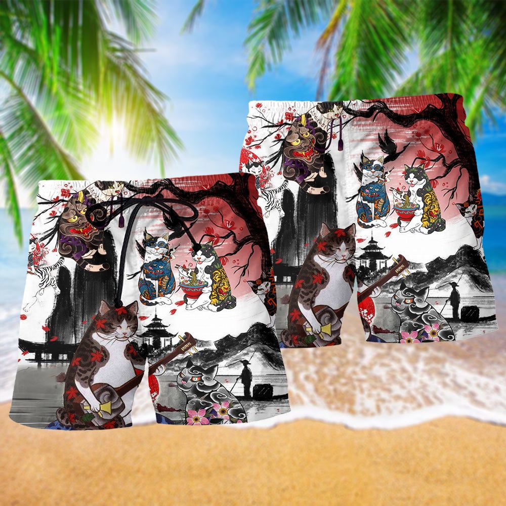 Cat Japanese Amazing Art Trendy Aloha Hawaiian Beach Shorts