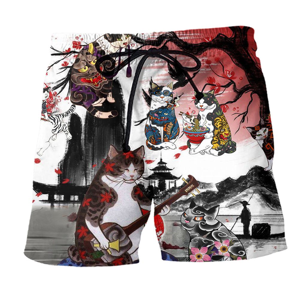 Cat Japanese Amazing Art Trendy Aloha Hawaiian Beach Shorts