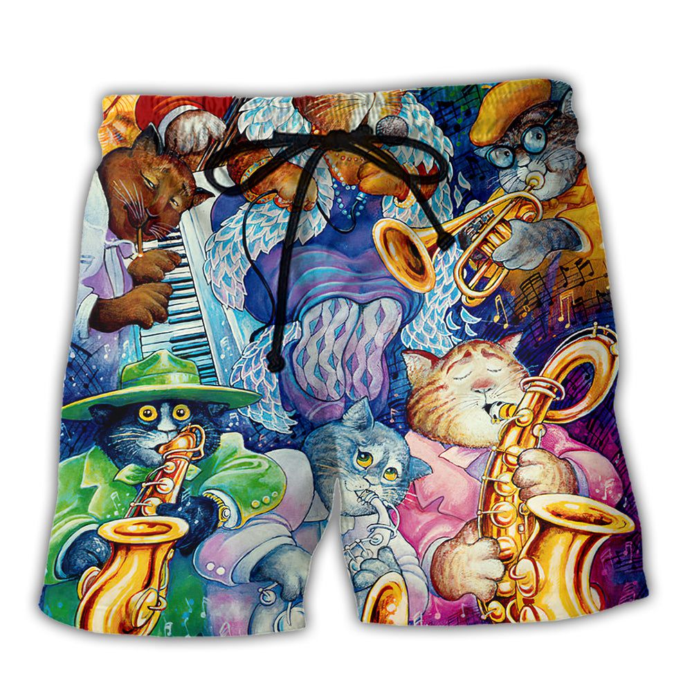 Cat Jazz Music Funny Trendy Aloha Hawaiian Beach Shorts