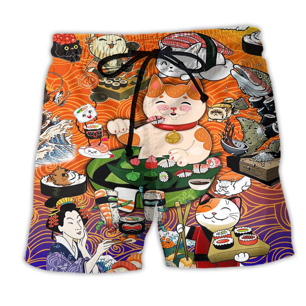 Cat Keep Calm And Eat Sushi Lovely Style Trendy Aloha Hawaiian Beach Shorts