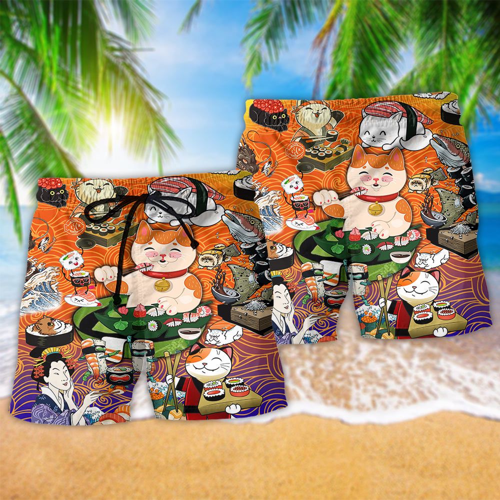 Cat Keep Calm And Eat Sushi Lovely Style Trendy Aloha Hawaiian Beach Shorts