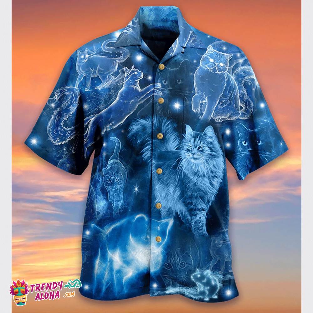 Cat Love Blue Neon Stunning, Hawaiian Shirt With Cat, Hawaiian Set Gift, Gifts For Bachelor Party, Aloha Shirt Funny, Funny Hawaiian Shirt