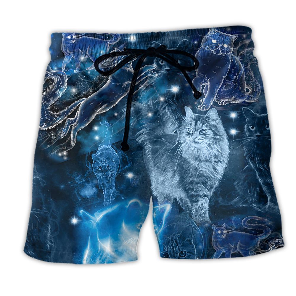 Cat Love Blue Neon Trendy Aloha Hawaiian Beach Shorts