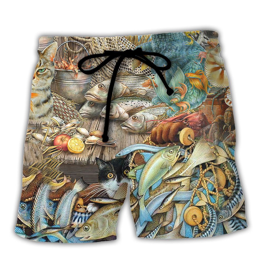 Cat Love Fish Delicious Meal Trendy Aloha Hawaiian Beach Shorts