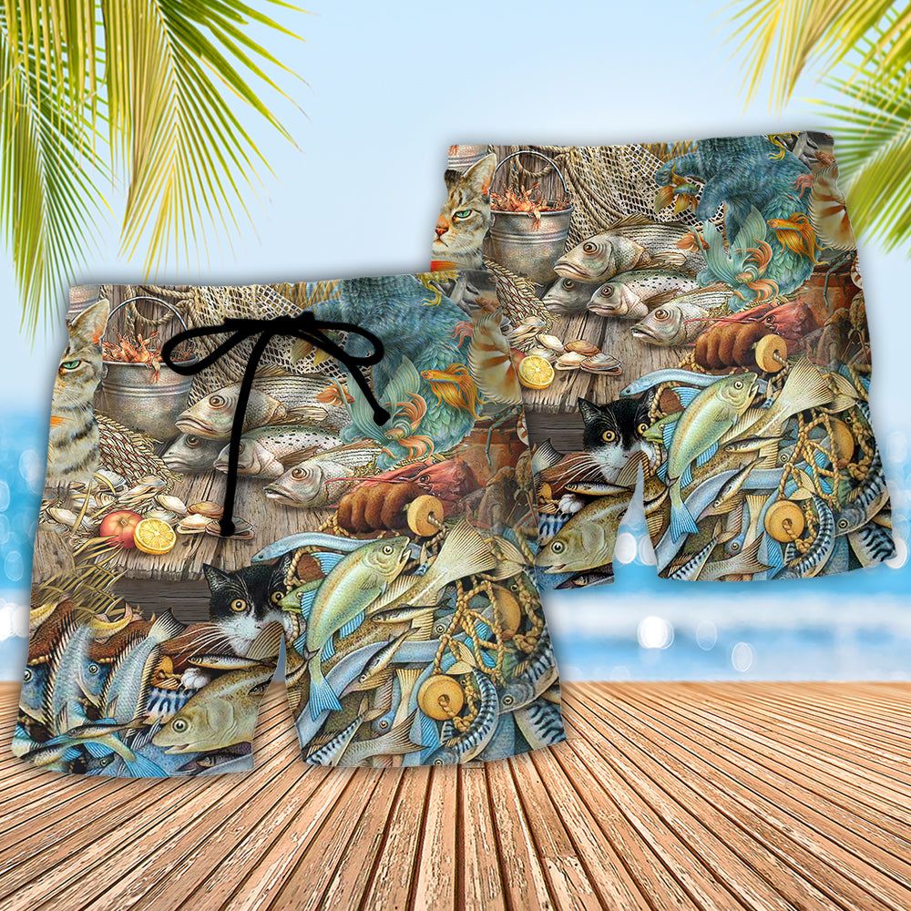 Cat Love Fish Delicious Meal Trendy Aloha Hawaiian Beach Shorts