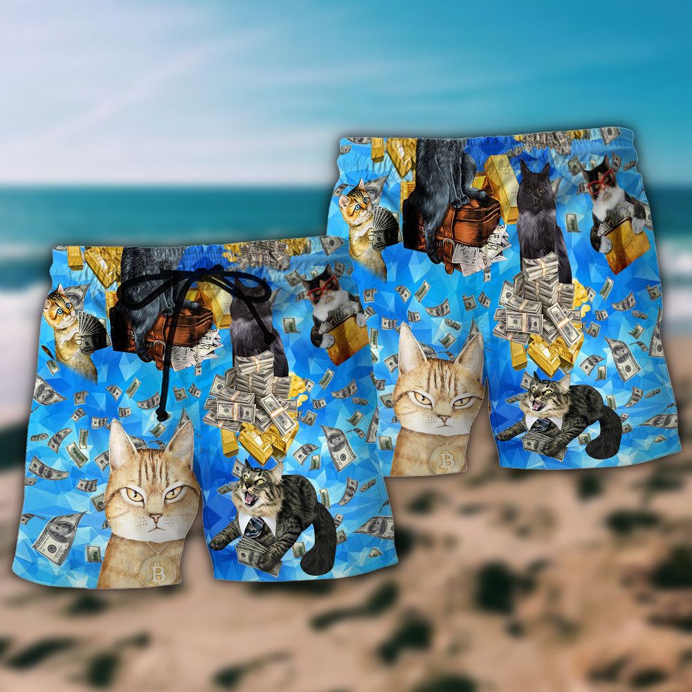 Cat Love Money So Cool Trendy Aloha Hawaiian Beach Shorts