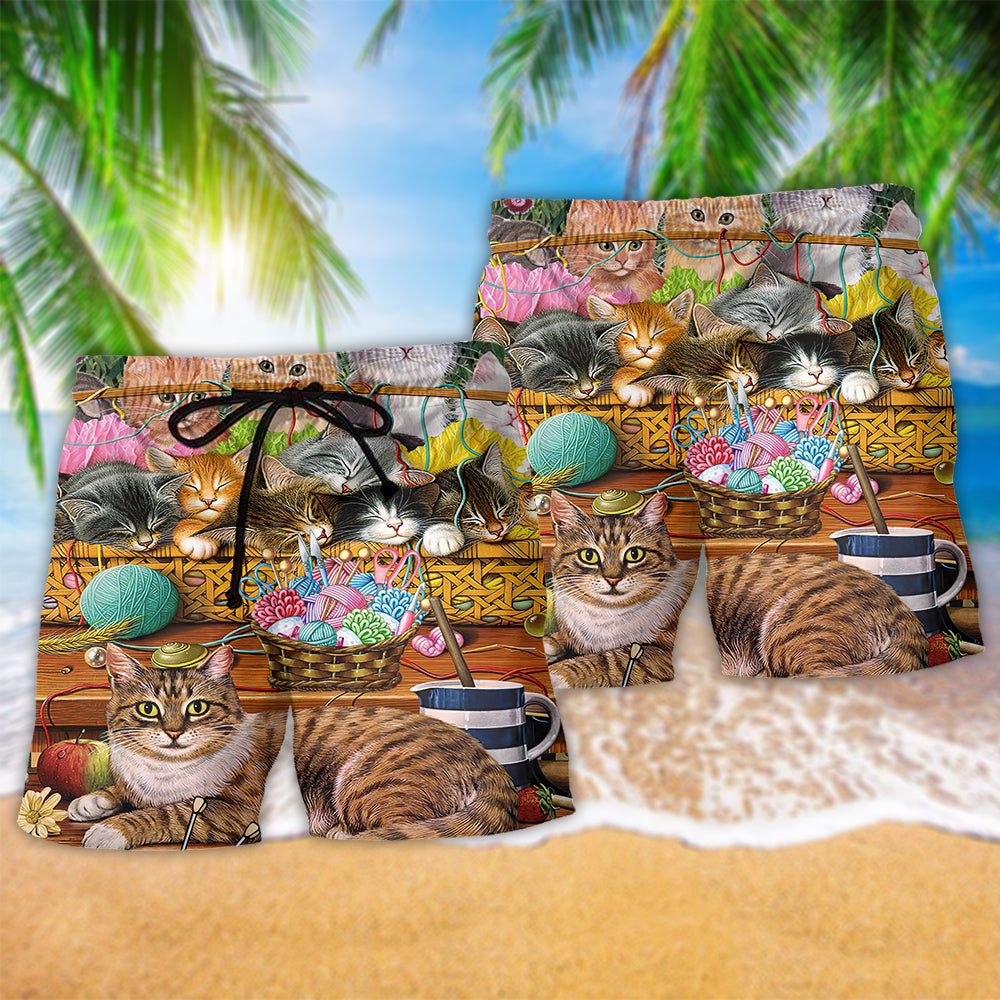 Cat Love Wool Roll Lovely Kitten Trendy Aloha Hawaiian Beach Shorts