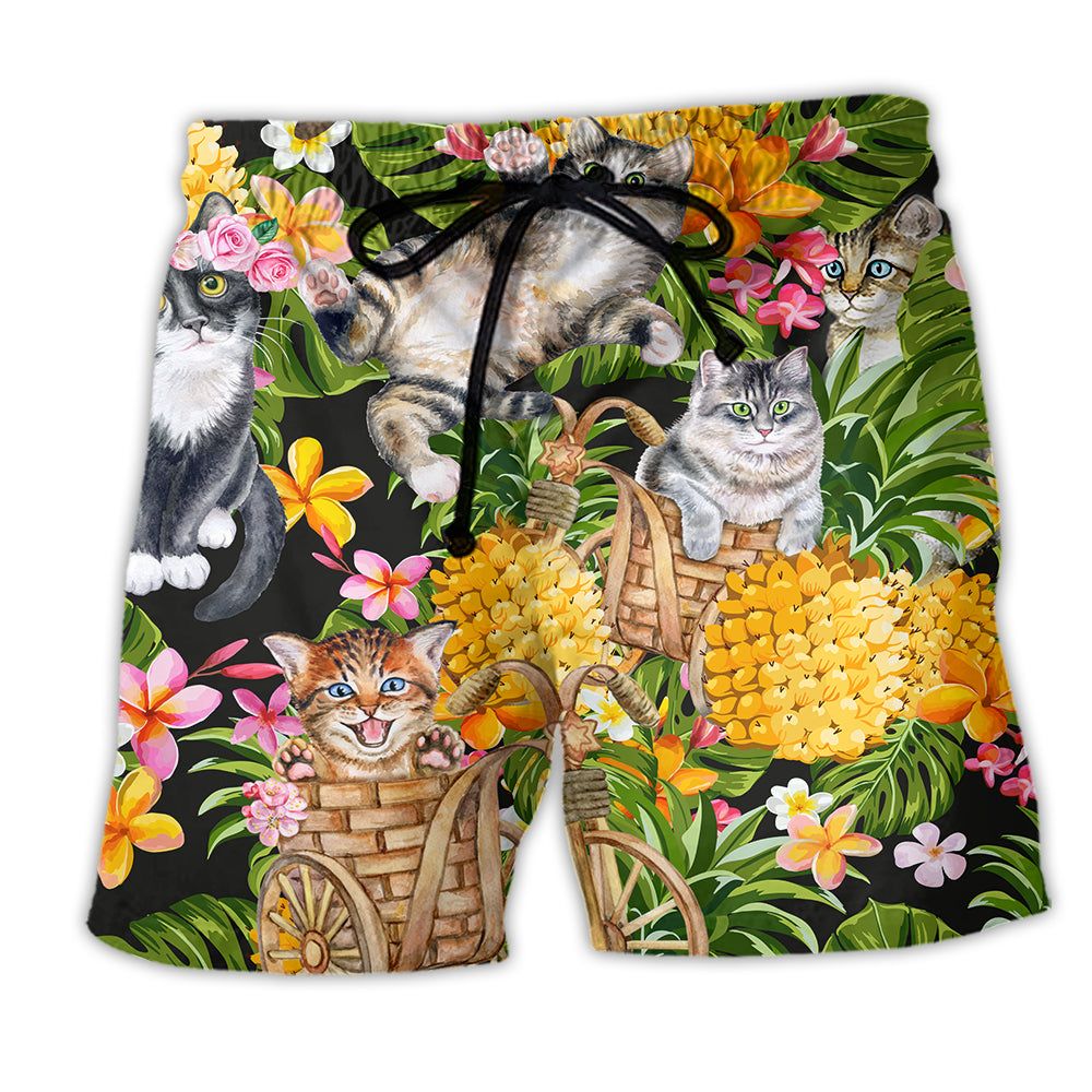 Cat Lovely And Flowers Garden Trendy Aloha Hawaiian Beach Shorts