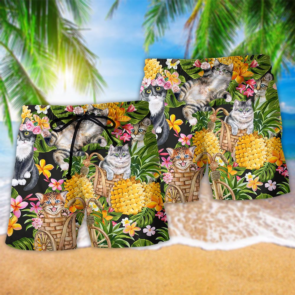 Cat Lovely And Flowers Garden Trendy Aloha Hawaiian Beach Shorts