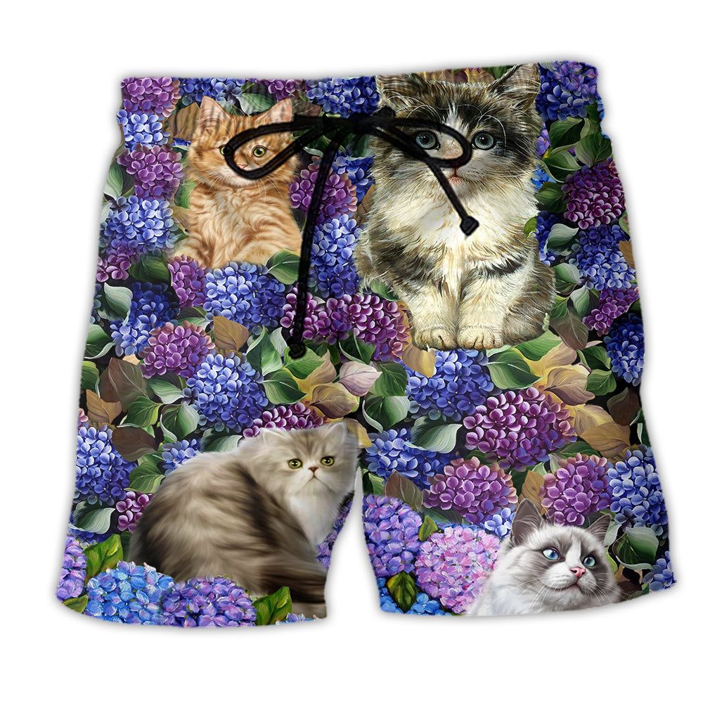 Cat Lovely And Flowers Purple Trendy Aloha Hawaiian Beach Shorts