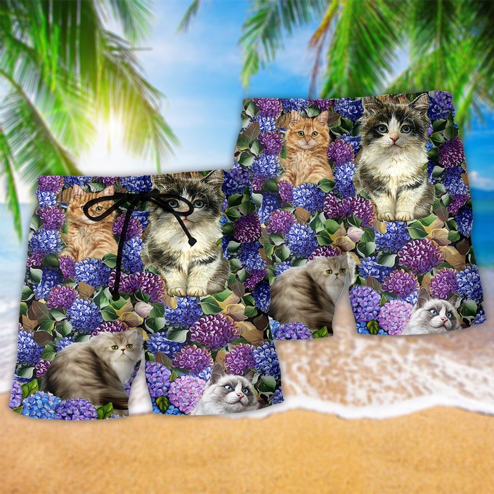 Cat Lovely And Flowers Purple Trendy Aloha Hawaiian Beach Shorts
