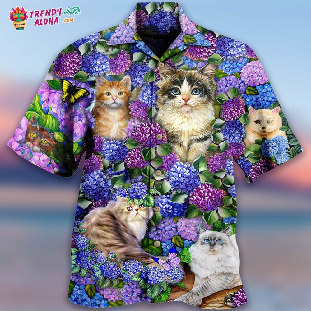 Cat Lovely And Purple Flowers Hawaiian Shirt – Trendy Aloha