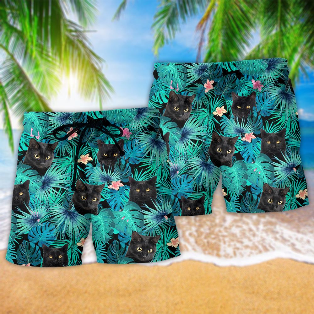 Cat Lover Black Cat Trendy Aloha Hawaiian Beach Shorts