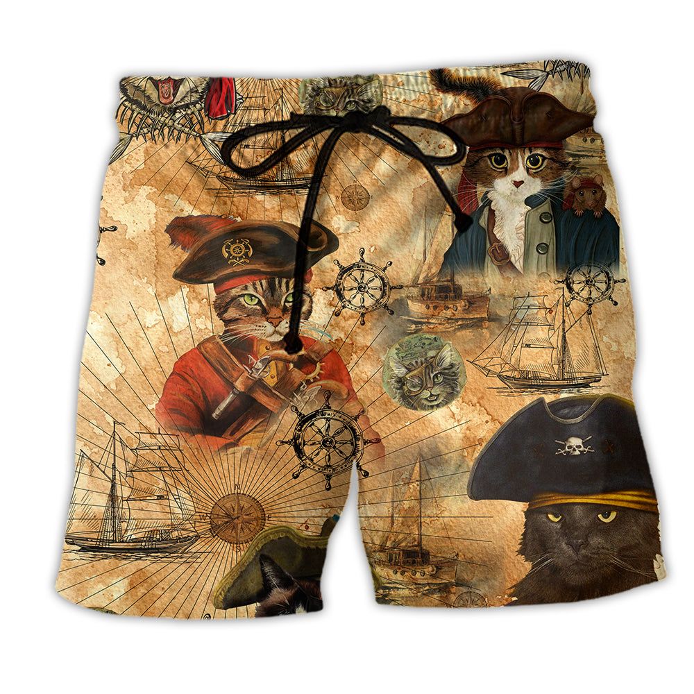 Cat Lover Pirates Story Trendy Aloha Hawaiian Beach Shorts