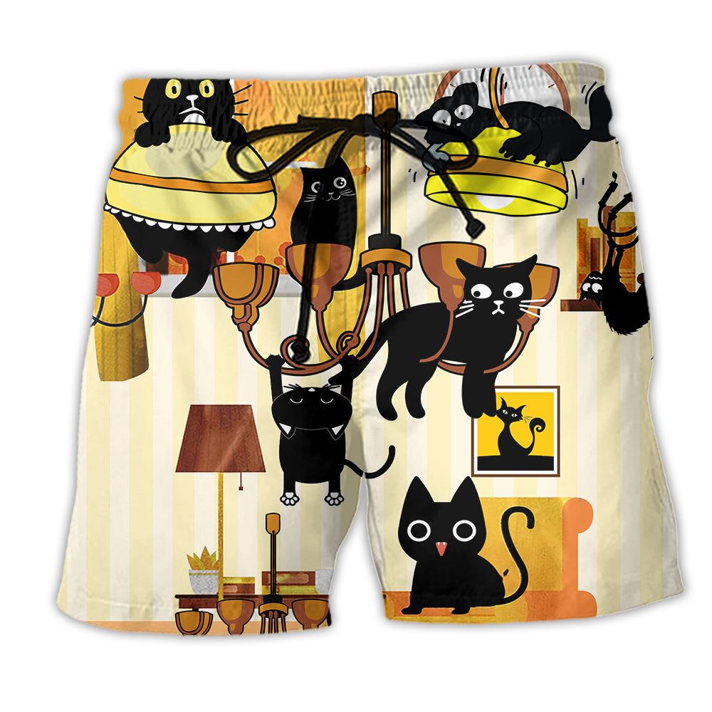Cat Loves Dinner Style Trendy Aloha Hawaiian Beach Shorts