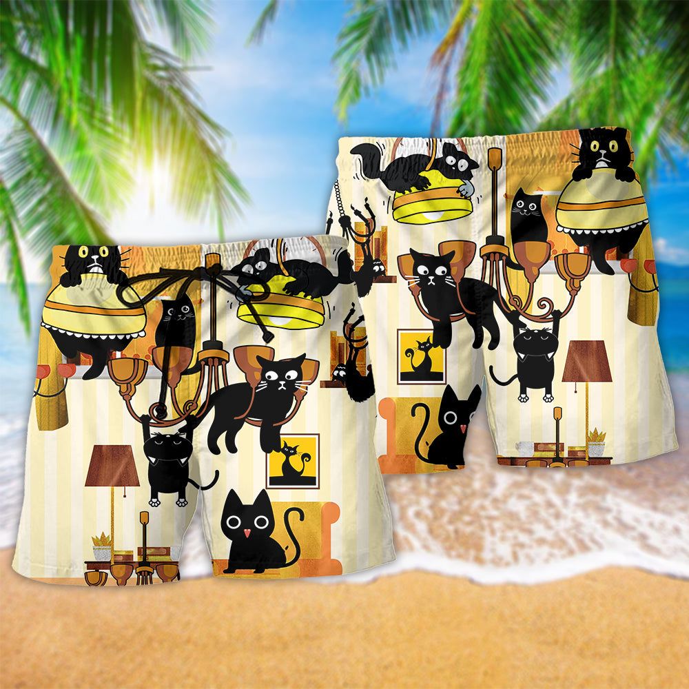 Cat Loves Dinner Style Trendy Aloha Hawaiian Beach Shorts
