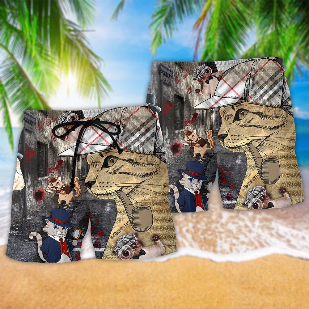 Cat Master Detective Style Trendy Aloha Hawaiian Beach Shorts