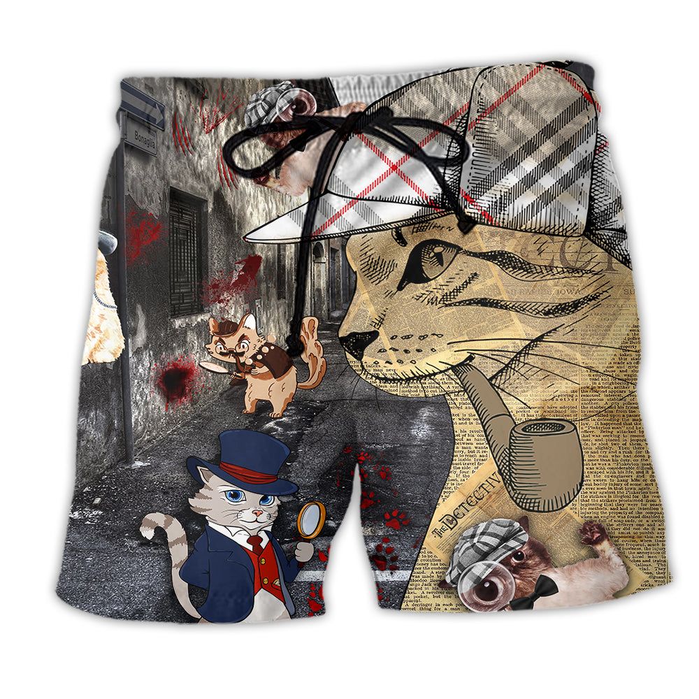 Cat Master Detective Style Trendy Aloha Hawaiian Beach Shorts