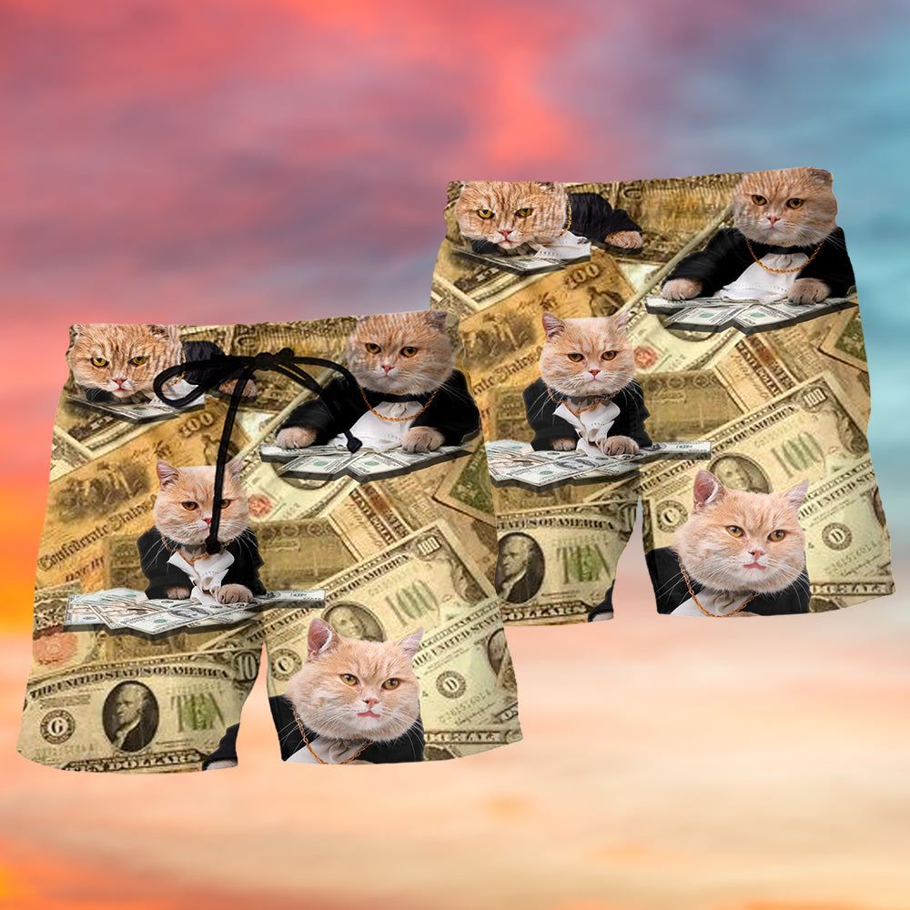 Cat Money Cat Vintage Style Trendy Aloha Hawaiian Beach Shorts
