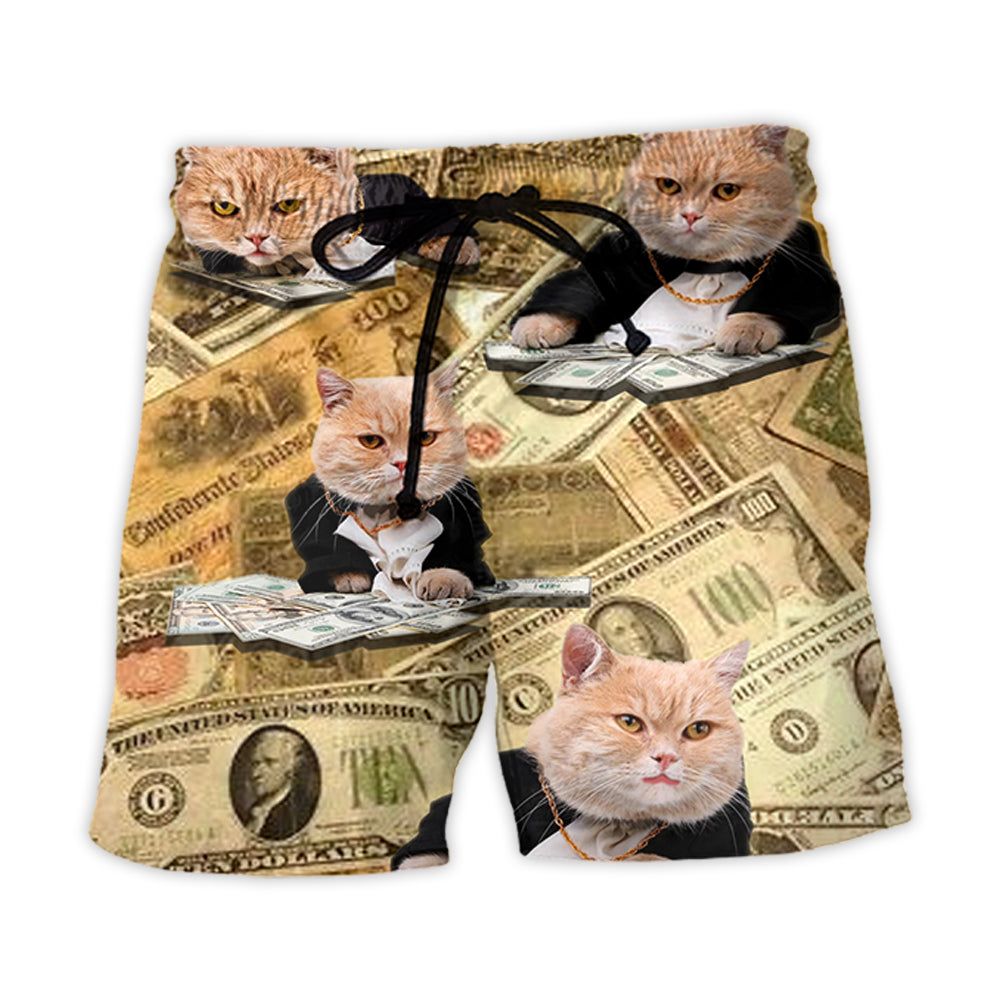 Cat Money Cat Vintage Style Trendy Aloha Hawaiian Beach Shorts Cat Money Cat Vintage Style Trendy Aloha Hawaiian Beach Shorts
