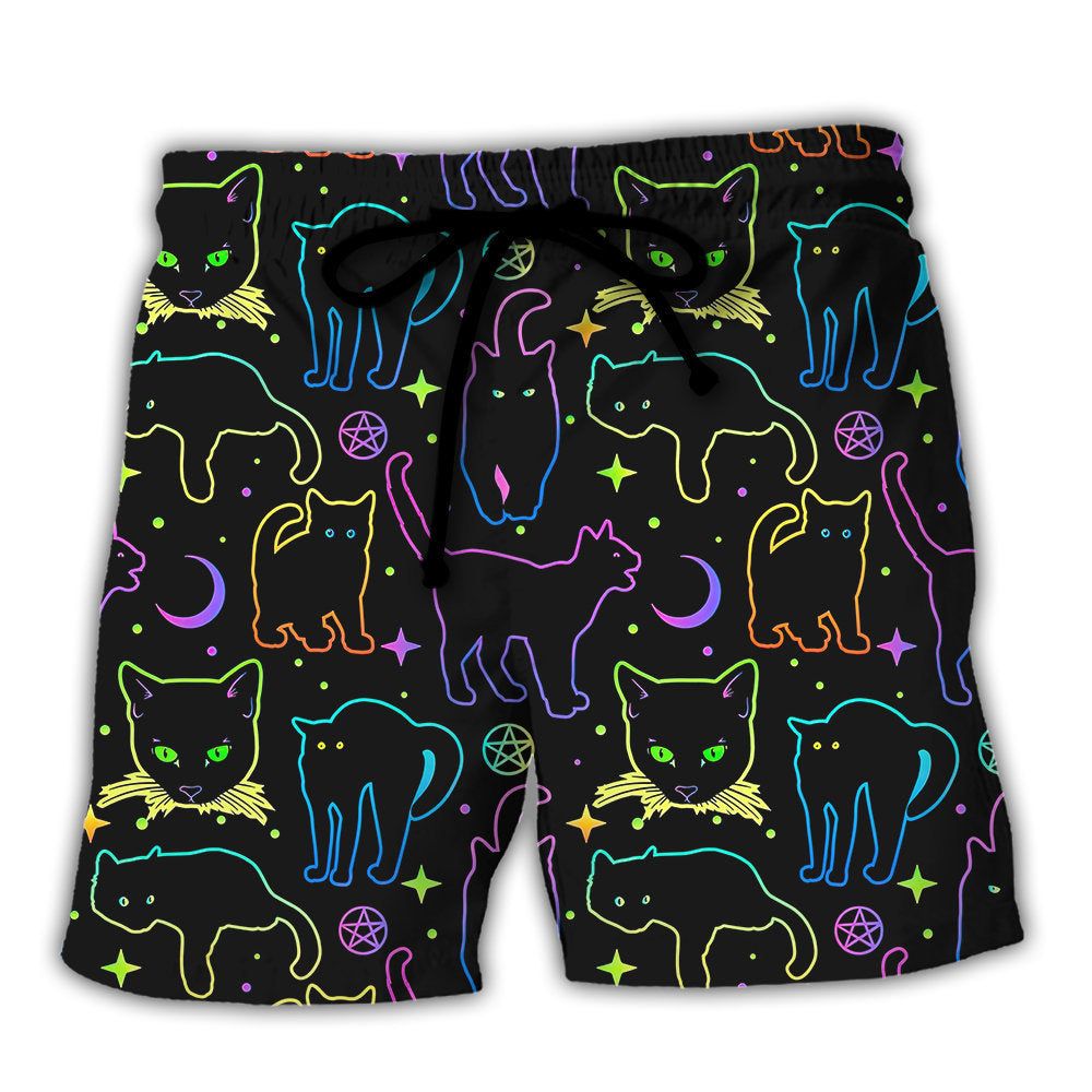 Cat Neon Colorful Playing With Kitten Magical Trendy Aloha Hawaiian Beach Shorts